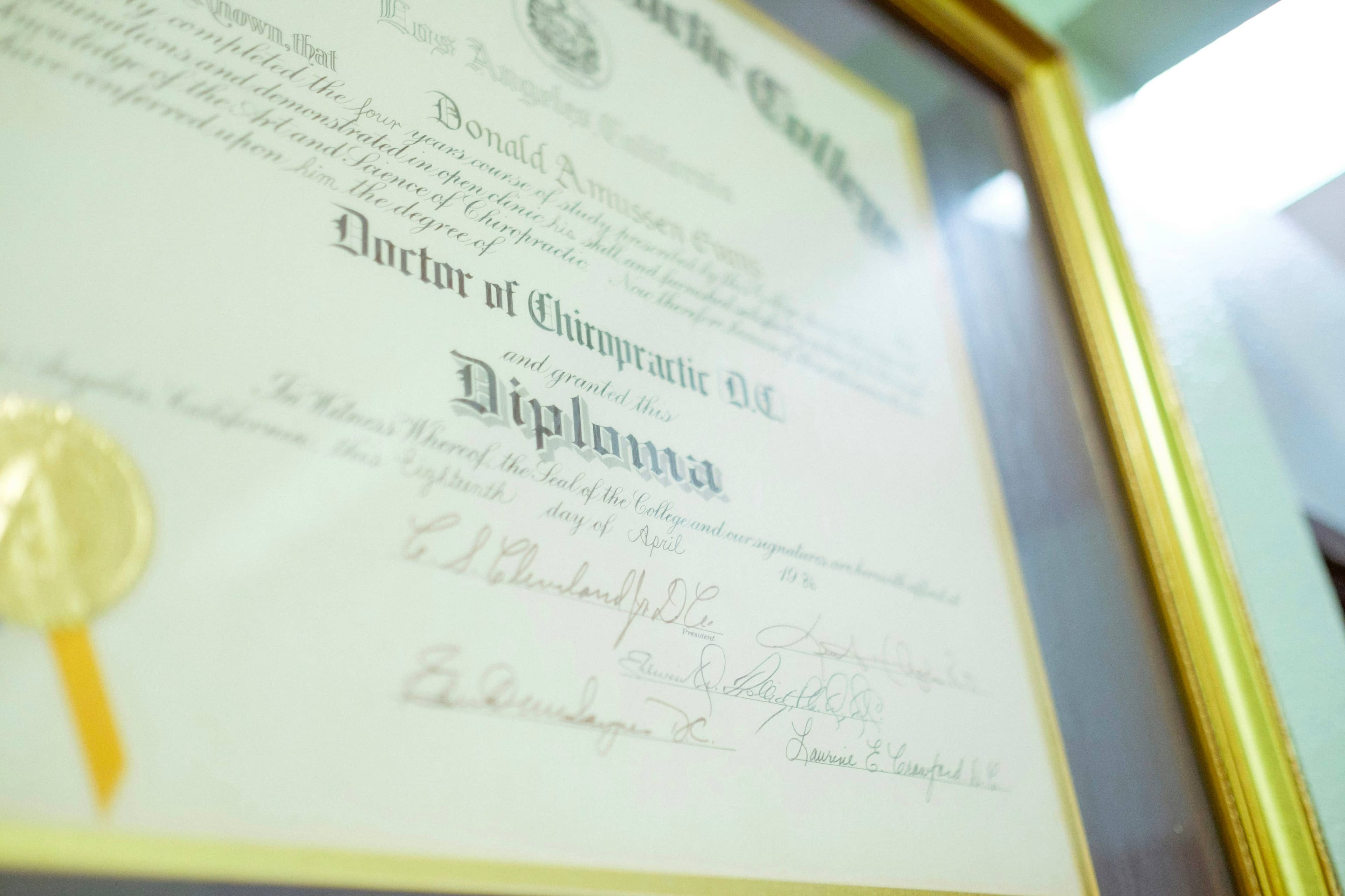 A framed university diploma with a gold seal